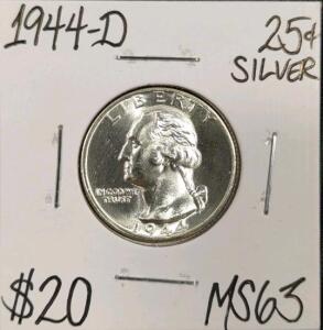 1944-D MS63 Silver Mint State Washington Quarter