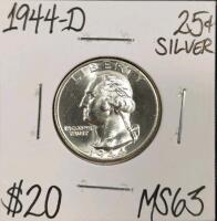 1944-D MS63 Silver Mint State Washington Quarter