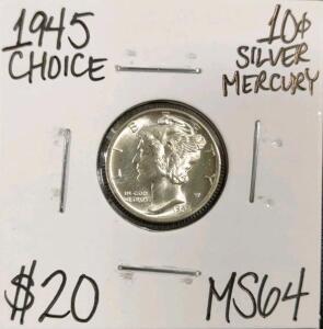 1945 MS64 Choice Silver Mercury Dime