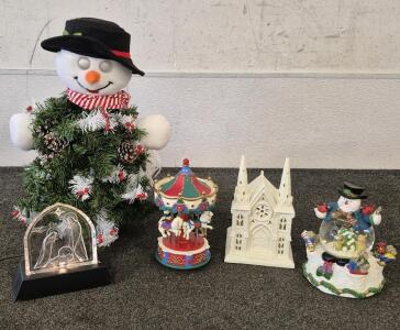 Cute Christmas Decor! Snow Globe, Carasel, White Church, Light Up Manger