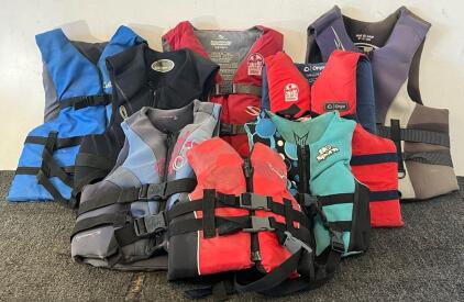 (8) Life Jackets Sizes Adult XL-XXXL, Adult XXL, Adult L, (2) Adult Universal, 8 & (2) Child Size