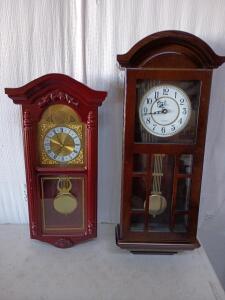 (1) Verona Classic Pendulum Decorative Wall Clock 28" X 9", (1) Westminster Chime Cherry Wood Grandfather Wall Clock 23" X 9"
