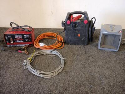 Century Fully Automatic Battery Charger/ Monitor/ and Engine Starter, Portable Jump Starter Power Pack, Titan Portable Electric Heater, 50 ft Drop Cord, 50 ft Braided Cable And Much More