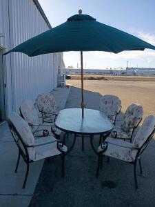 Outdoor 6 Chair Glass Table w/ Retractable Umbrella Patio Furniture Set, 6' X 3 1/2' X 28" Table size