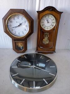 (2) Bulova Hanging Decorative Clocks, (1) Timekeeper Regulator Decorative Hanging Clock