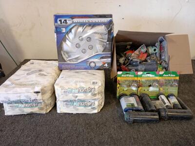 (4) 12 lbs Bags of White Lake Diatomaceous Earth, A Box of Underground Sprinkler Parts, 4 Piece Classic Series 14" Automobile Wheel Covers
