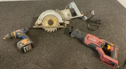 Portable Skil Saw (Needs Repairs), Chicago Electric Cordless Reciprocating Saw (Unable To Test), RYOBI Drill (Unable To Test)