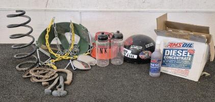 Helmet, Swing, 2 Water Bottles, (11) Diesel Concentrate, Horse Shoes And More.