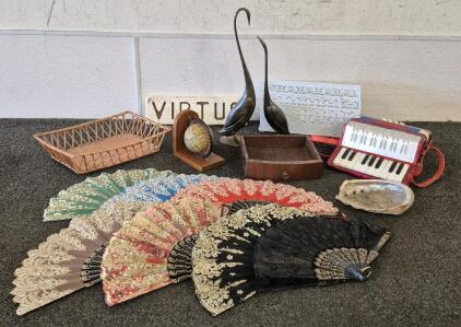 Wall Decor, File Bin, Mini Atlas Globe, (7) Beautiful Fans, Large Shell, Swan Decor, Goodlin Toy Accordion (Works)