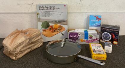 Multifunctional Folding Cutting Board, Bralo Vegetable Chopper, Anolon Pan, Bag Of Rhino Rescue Bandages, 7&rdquo; Round Projector LED Headight, Neck Brace And More