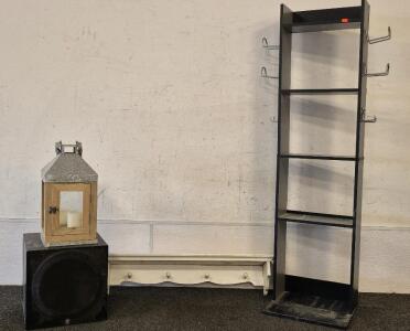 Yamaha speaker(120V 45 Watt 60 Hz Works), Shelf Wroth Hooks, Wooden Coat Hanger, Wood And Metal Hanging Candle Box
