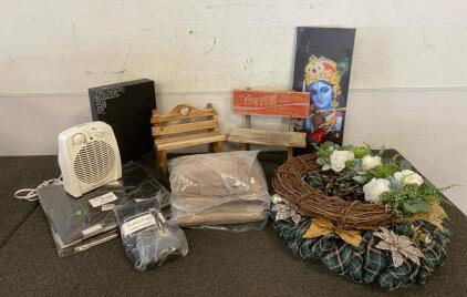 (2) Wreaths, (6) Large Women&rsquo;s Khaki Sweaters, (2) File Boxes, Lifesmart Heater(Needs Repairs), Decor And More