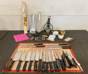 Utensils Including, Lots Of Knives, Ladles, Pampered Chef Egg Slicer, Measuring Cups Pastry Frame, Large Silicone Mat, And More