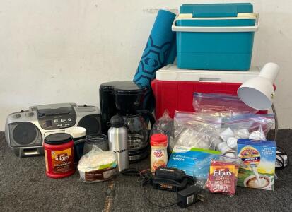 (2) Coolers, Aiwa Stereo, Yoga Mat, Coffee Supplies & More