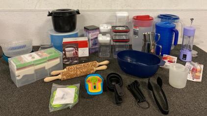 Kitchen Lot Including, Pitchers, Storage Containers, Chop Wizard, Gravy Separator, Measuring Cups, Colanders And More