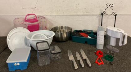 Kitchen Lot Including, (2) Pampered Chef Non-Slip Mixinv Bowls, Brita Water Filter, Assorted Utensils, Cuisinart, Tupperware Cartons, Knives And More