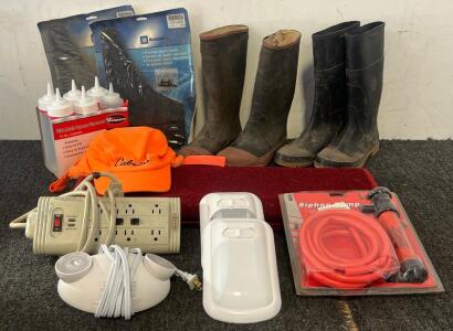 (2) Pairs Of Muck Boots, Splash Gaurds, Siphon Pump, Light Fixtures, Rug & More
