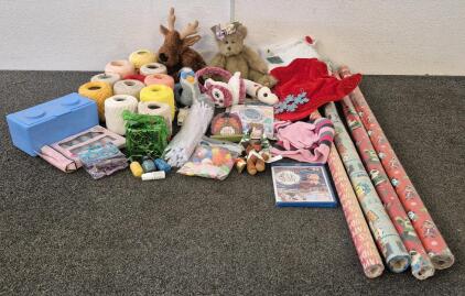 Crafts, Teddy Bear, 4 Christmas Wrapping Paper, Nail Polish, 11 Cord Balls, 2 Stockings And More!