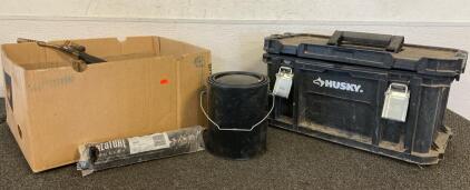 Husky Tool Box, Propane Torch, Extension Cords, Soldering Iron Gun (Works), Drill Bits And More