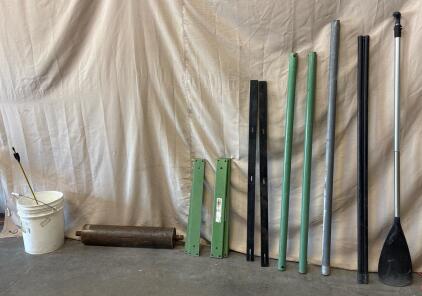 Various Scrap Metal, Canoe Paddle, And Bucket Of Nuts And Bolts