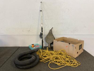 Tiger Spinning Shakespeare Fishing Pole And Fishing Lures, Extention Cord, Box Of Miscellaneous Tools, Antique Fireplace Bellow