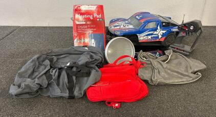 (1) Remote Car (Unable To Test), (3) Bags, (1) Walgreens King Size Heating Pad, And More