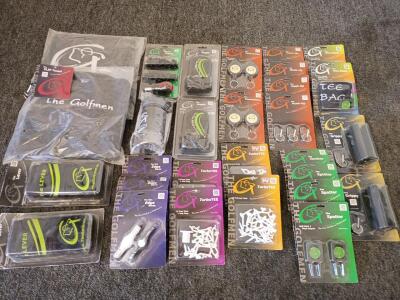 Lot of Golf Products Including, (2) The Golfman Rain Covered Flip Towel, The Terra Cleats Set W/ Tool, (2) The Lever Ultimate Swing Aid, (3) The Ion Edge Wrist Bands 2 in Each Package, Plastic The Golfman Water Bottle, (2)The Angle Chipping/Putting Swing