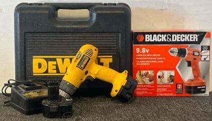 Black & Decker 9.6V Cordless Drill & DeWalt 12V Drill W/ Battery Charger & Batteries