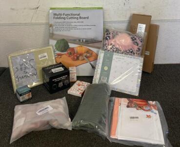 Multipurpose Cutting Board, Neon Sign, Table Lamp, Net Bag, Pirse Hanger Organizer, Scarf Hat And Gloves Set, Mens Camo Shorts, And More