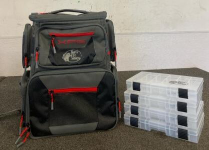 NEW Bass Pro Shops XPS Backpack Tackle Bag - Red/Black Bag with Four 3600 Boxes