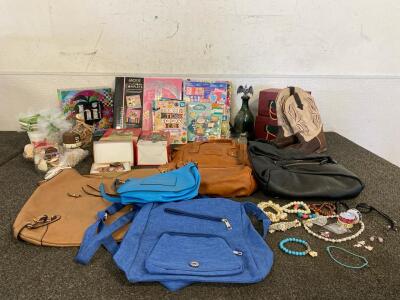 Bags, Boots Size 6, Scrapbook Materials, Beach Home Decor, Jewelry, Holiday ornaments And More
