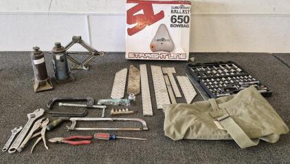 3 Car Jack's, Tools(Saw, Wrenchs, Sockets, Clamp And More), Duffle Bag, Metal Pieces, Straight Line 650 Bowbag