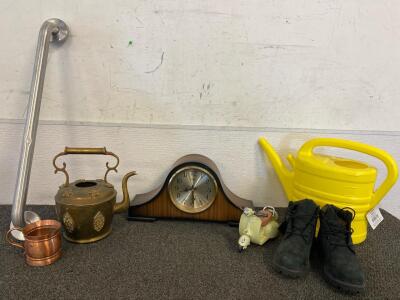 Timberland 2M Waterproof Suede Boots, Vintage Linden Mantle Clock, Vintage Brass Tea Kettle, Handicap Bar, New Watering Can And More