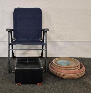 Foldable Chair, Foot Rest, (8) Plant Saucers (Various Sizes)