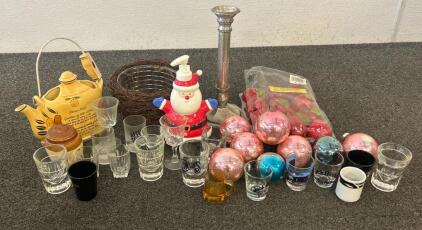 (19) Various Shot Glasses, Christmas Ordaments, (1) Santa Claus Soap Dispenser, And More