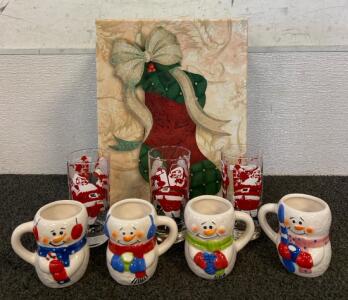 (4) Christmas Ceramic Mugs, (3) Christmas Glasses