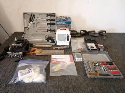 Spectra 5" Portable Black & White Television w/ AM/FM Radio (New In Box), Meyeco Butchering Knife And Tool Set Used for Hunting, (2) CB Radio Unites, Allies Tools Racheting Screw Driver And Socket Set, (3) Volt Meters, Suction Cup (2) Gun Holders And Much