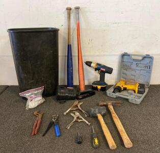 RYOBI Drill With Battery And Charger (Works), American Tool Exchange Cordless Drill With Battery (Unable To Test), Assortment Of Small Tools, Trash Can, And (2) Baseball Bats