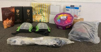 (2) New Bath Ball Filters, (3) New PUR Replacement Filters, Mushroom Coffee, Pair Of TommyCo New Pads, Stroller Parasol, New DYSCO Snorkel Mask, Box Of Candies, And More
