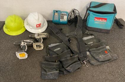 (2) Makita Drills (No Batteries), Makita Battery Charger (Works), Makita Tool Bag, (2) Hardhats And Voyager Tool Harness
