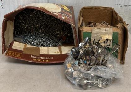 Box of Screws, Box of Magnetic Door Catches, & Bag of Collectible Trinkets