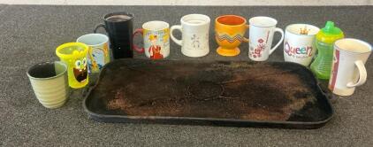 (14) Various Coffee Mugs, (1) Cast Iron Griddle