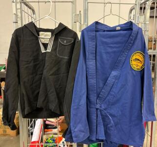 (1) Blue Martial Arts Uniform With Pants (Size 5) And (1) US Navy Enlisted Service Dress Blue Jumper