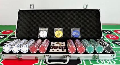 (1) Black Jack Mat And (1) Aluminum Poker Chip Case With Chips