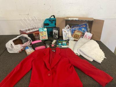 Sewing Patterns, (3) Rugs, Collapsible Duffle Bag, Wigs, Conpression Socks, Small Wooden Chest And More
