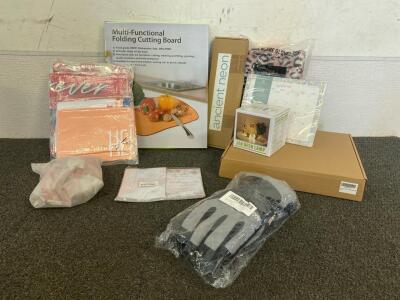 (2) Multipurpose Cutting Boards, (2) Neon Signs, LED Desk Lamp, Ski Gloves, Clock, (2) Scarf Hat And Gloves Sets, (2) Mens Camo Shorts And More