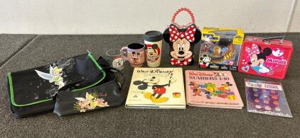 Disney Lot!! (2) Tinkerbell Bags (3) Mickey And Minnie Cups, (1) Epcot International Coins, And More!!