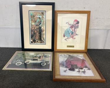 (4) Reprinted Art Work Including A 1930 Cadillac And A Quail