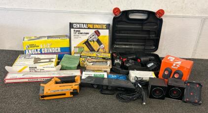 (1) Drill Master 4-1/2&rdquo; Angle Grinder, (1) Drill Master Drill And Charger, (1) Surf ONN USB Stereo Speakers, And More