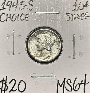 1943-S MS64 CHOICE SILVER MERCURY DIME